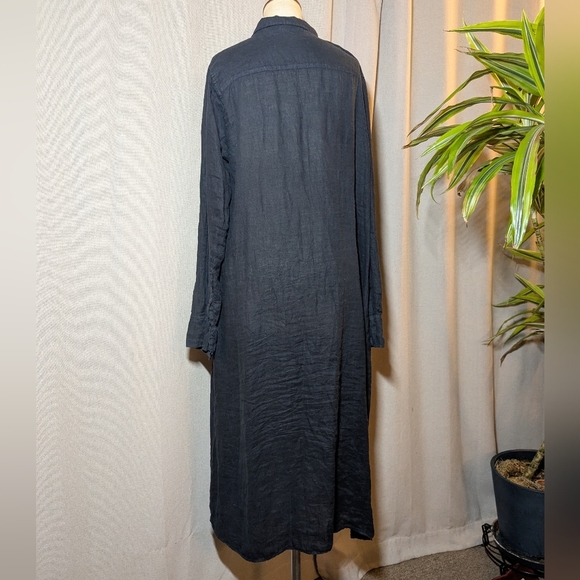 CP shades Navy Blue 100% Linen Midi Dress Long Sleeve Shirt Collar Dress Medium - Picture 4 of 10